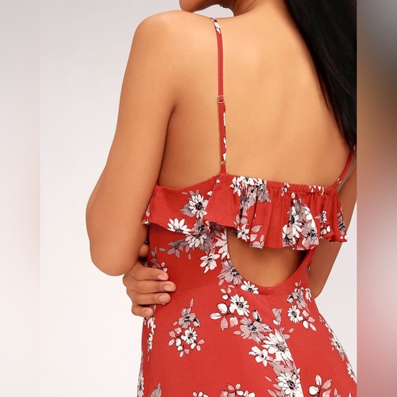 Lulus Bloom On Rust Floral Print Long Maxi Dress w/Side Slit, Red, Size XS - Picture 3 of 16